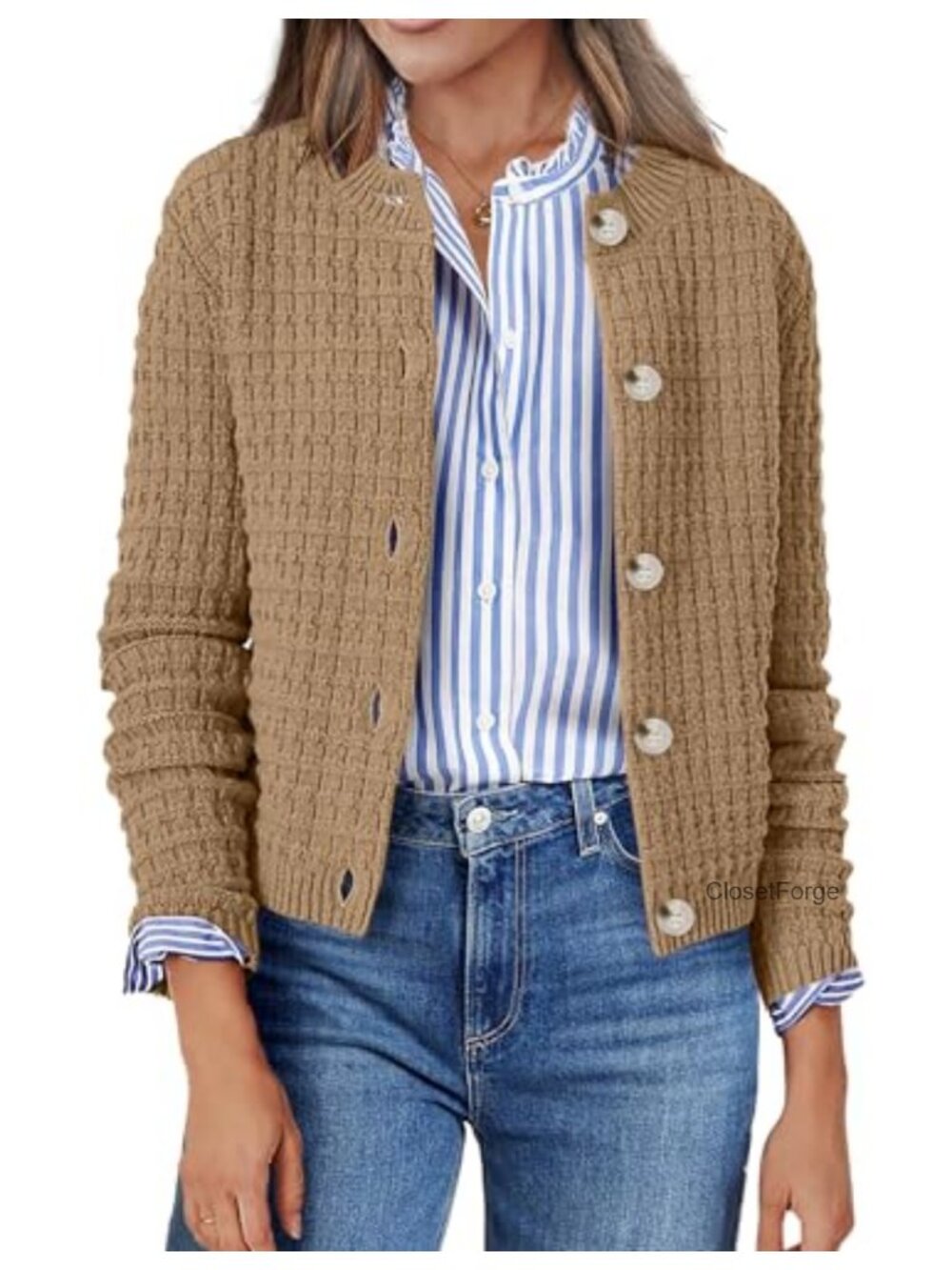 100% Acrylic Cropped Cardigan Sweater Long Sleeve Open Front Button Down Knit